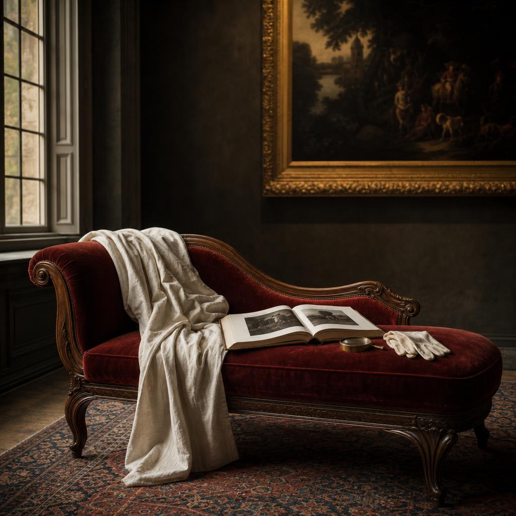 Inside the pho-toe studio: an oxblood velvet chaise lounge with a draped linen sheet, an open monograph of photographs, a brass loupe and cotton gloves, lit by soft afternoon window light