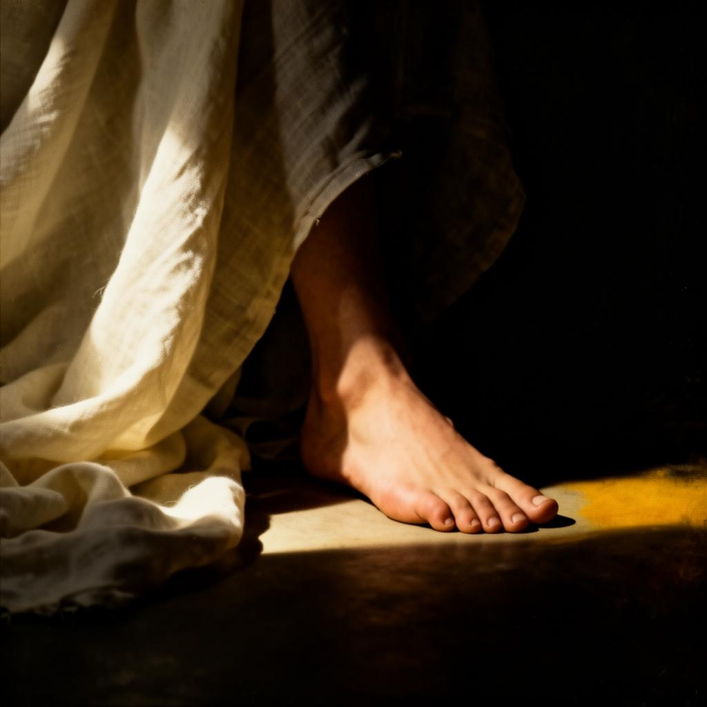 Editorial edition — a single bare foot in a pool of warm light against draped linen, the second image of the diptych implied by the studio.